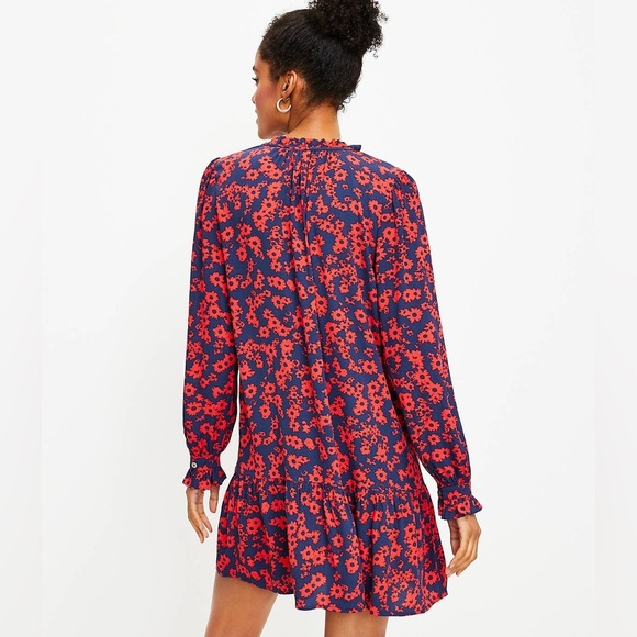 Loft Floral Tie Neck Flounce Dress Size Medium - Picture 3 of 9